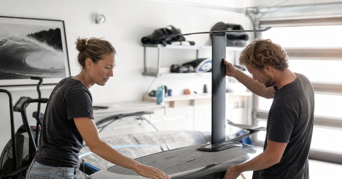 Two people examining a hydrofoil board propped on sawhorses in a bright garage, one running a hand along the rail while the other inspects the mast and wing, no text
