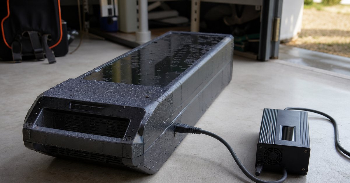 A large removable hydrofoil battery pack resting on a concrete garage floor beside its charger, cable plugged in, soft daylight from an open garage door, no text
