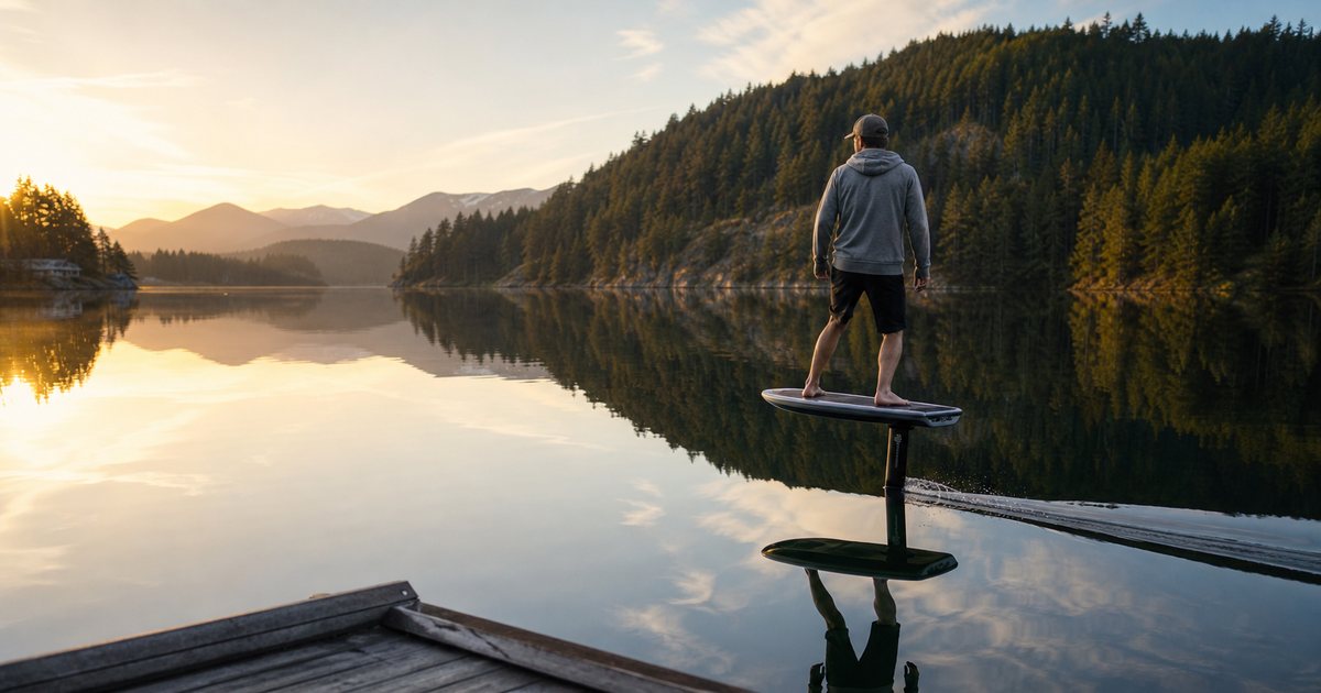 Rider gliding on a hydrofoil board across a perfectly still mountain lake at sunrise, forested shoreline reflected in the water, wooden dock in the foreground, no text