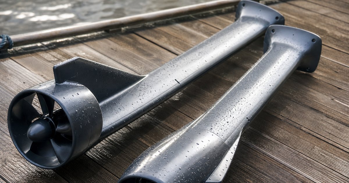 Two hydrofoil masts lying side by side on a wooden dock, one with a shrouded propeller pod and one with an enclosed jet intake, water droplets on the aluminum, afternoon sun, no text