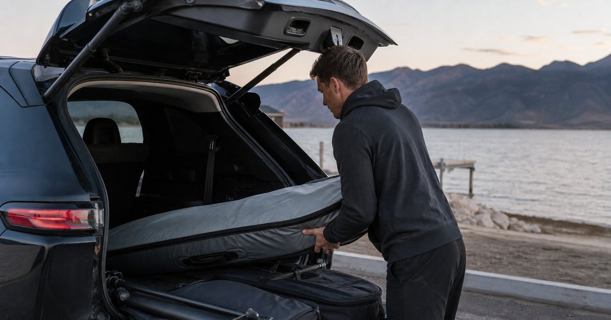 Man sliding a padded hydrofoil board bag into the back of an SUV at a lakeside parking lot, separate mast and wing bags on the tailgate, early evening light, no text